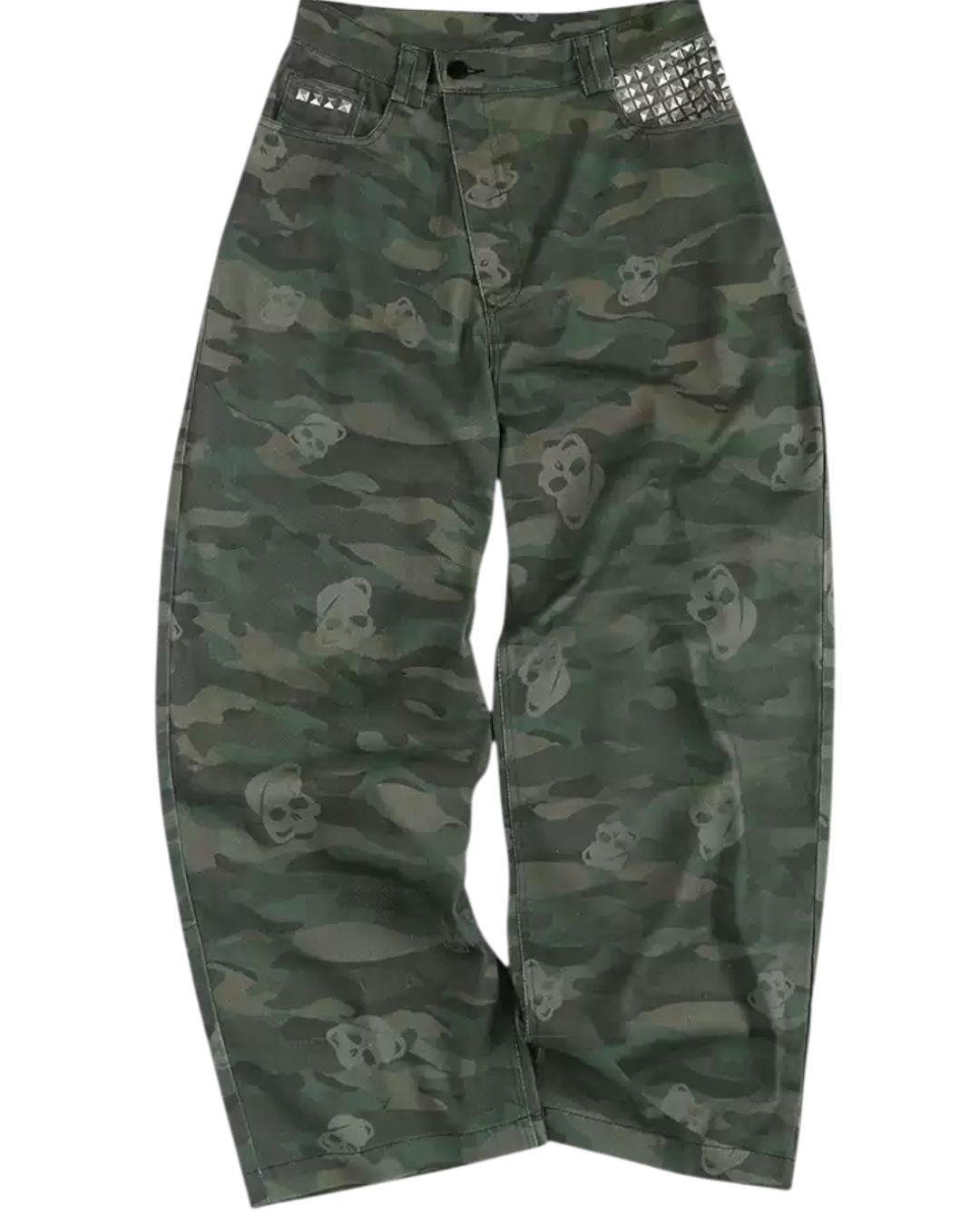 Camouflage pants with skull patterns on a white background