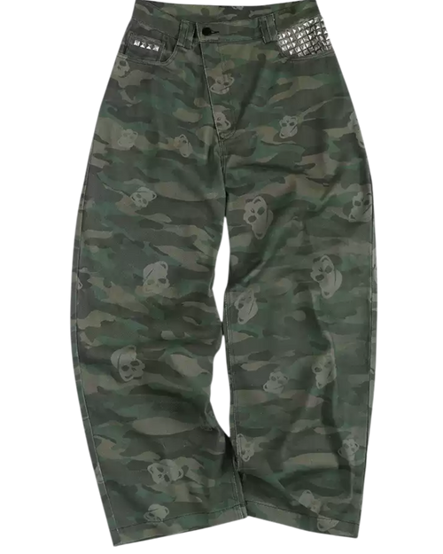 Camouflage pants with skull patterns on a white background