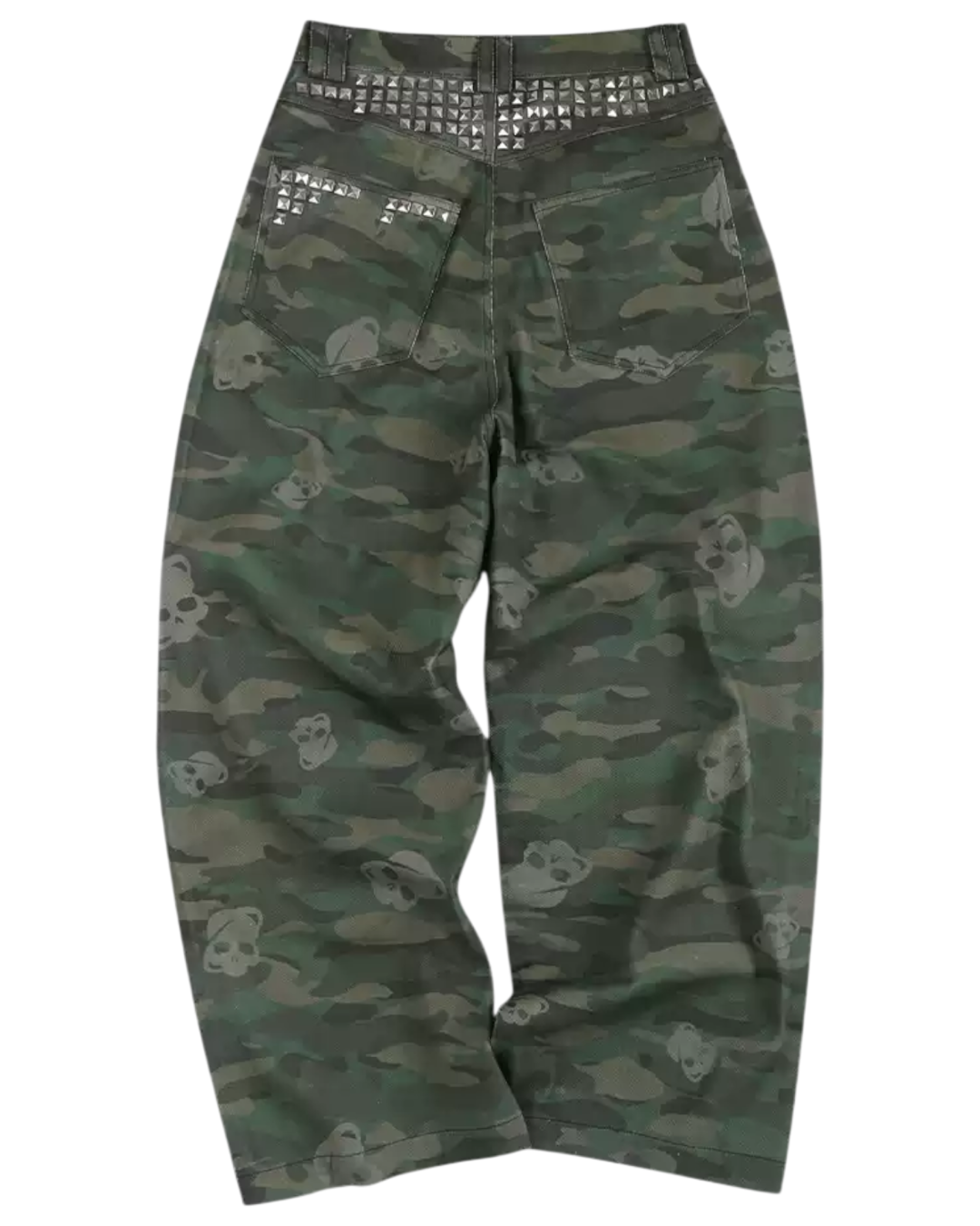 Camouflage pants with studded details on a white background