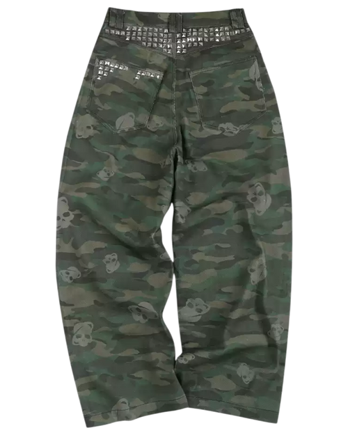 Camouflage pants with studded details on a white background