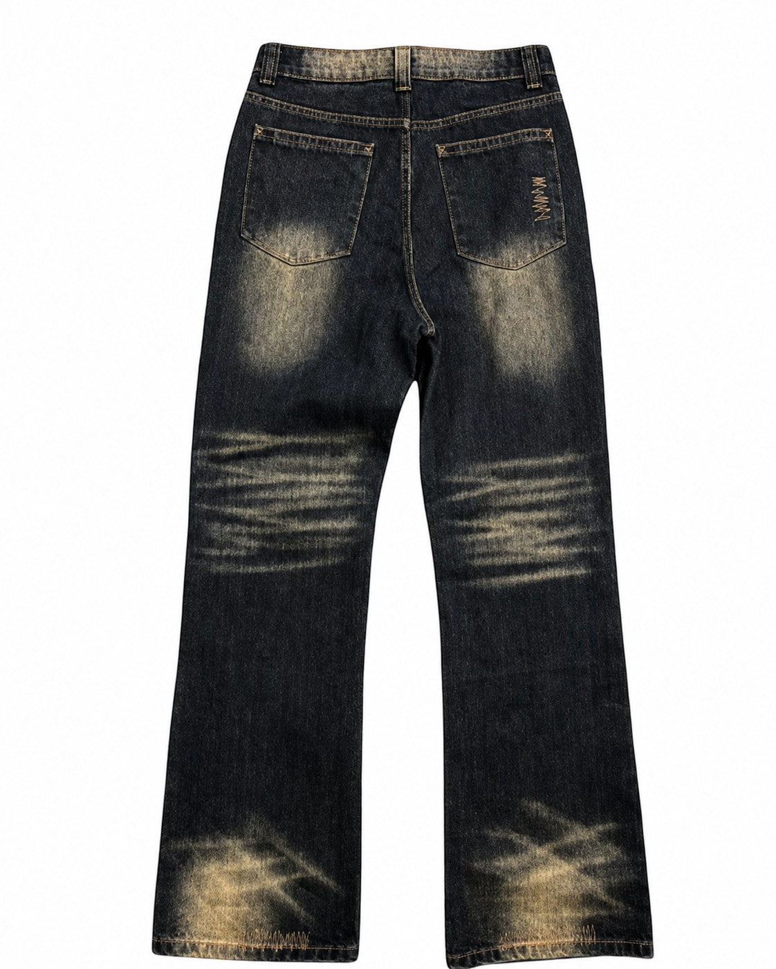 Dark wash distressed denim jeans shown from the back, featuring faded light wash areas, whiskering, and ripped details on the back pockets and upper thighs.