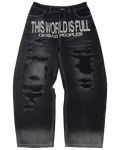 Black distressed jeans with text on a white background