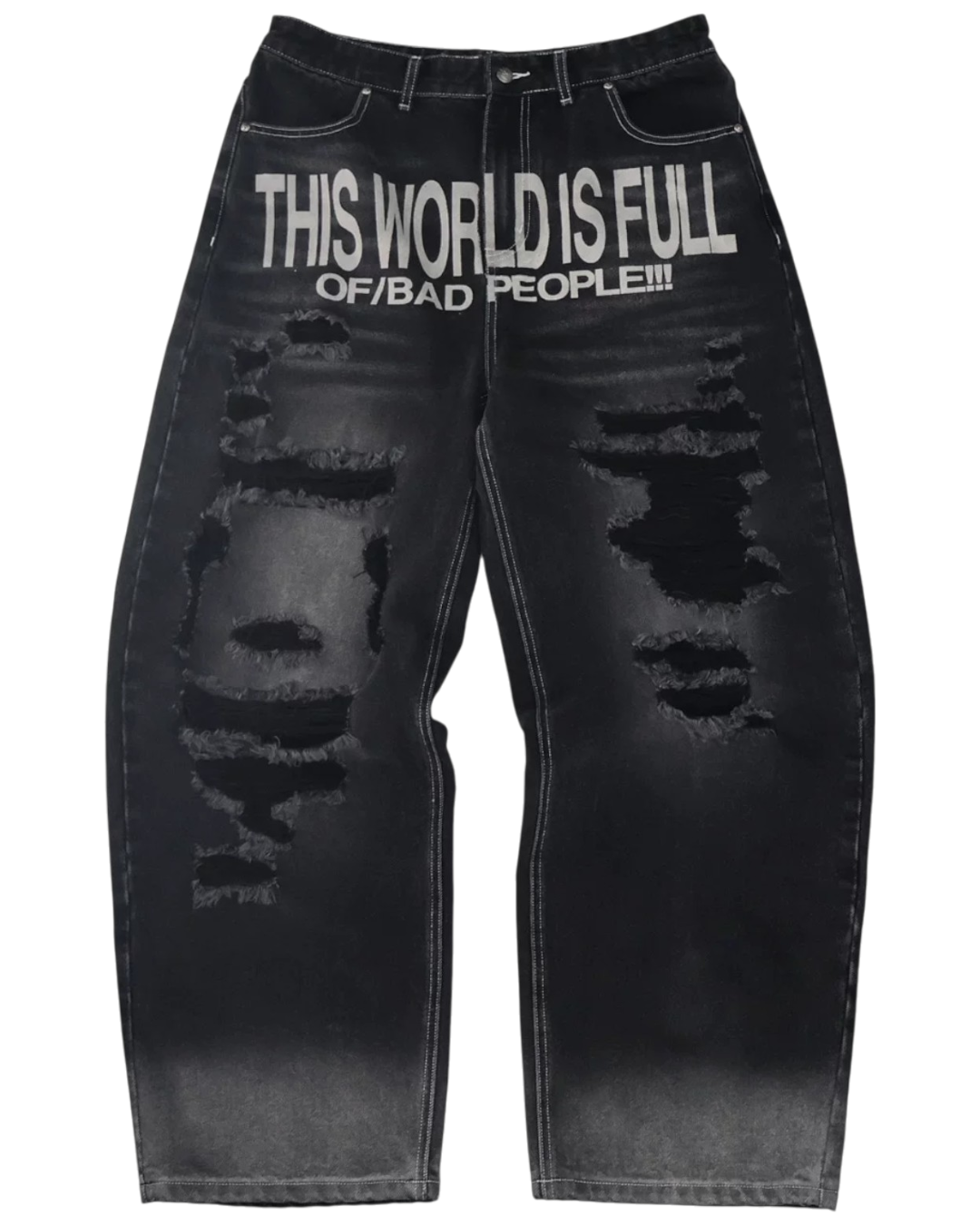 Black distressed jeans with text on a white background