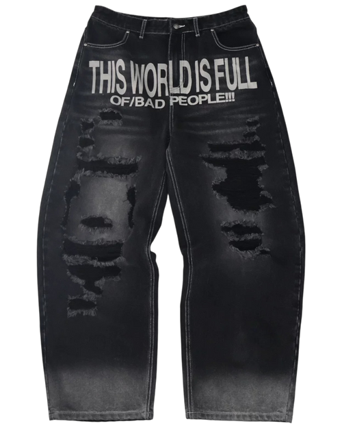 Black distressed jeans with text on a white background