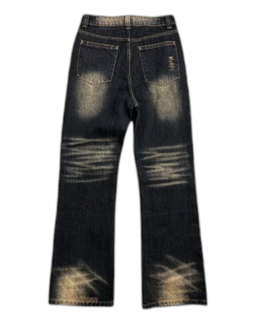 Dark wash wide-leg denim jeans with distressed gradient pattern