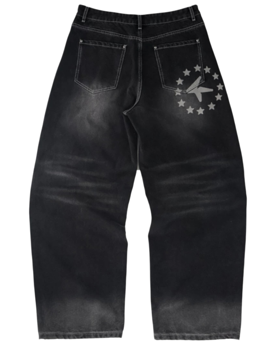 Black distressed jeans with a star and moon design on a white background