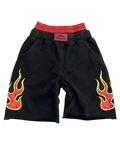 Black double-waist shorts with red inner waistband and flame graphics on legs.
