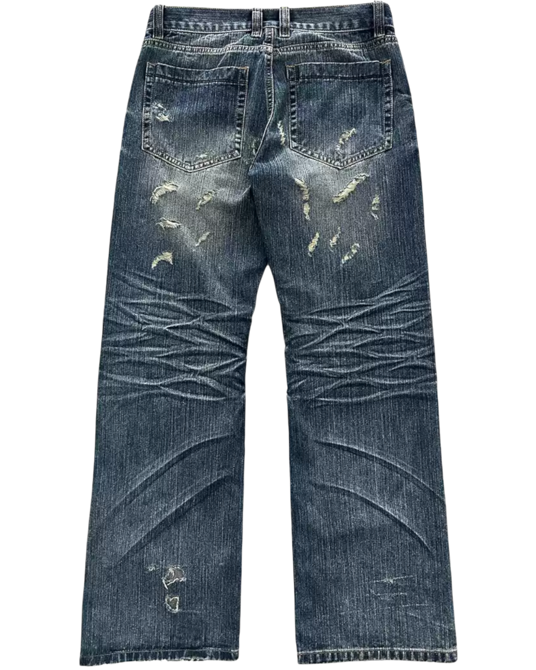 Distressed swag blue jeans on a white background