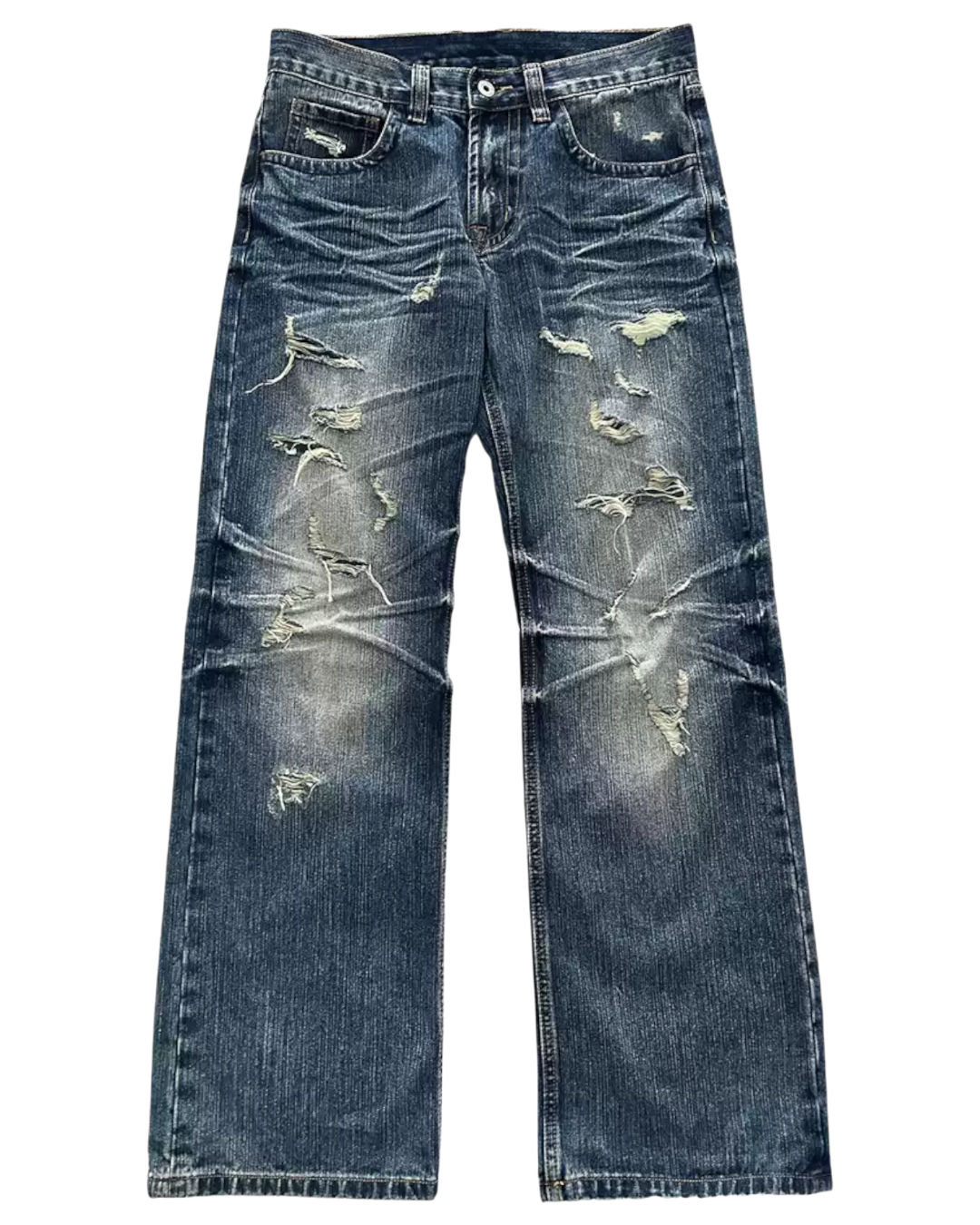 Distressed blue jeans on a white background