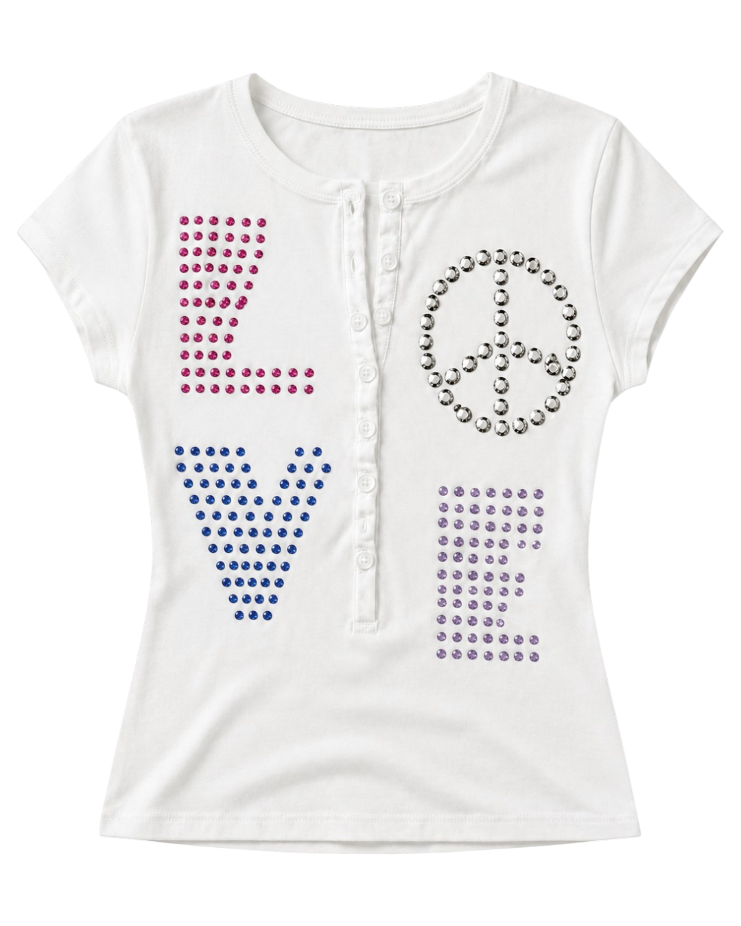 White t-shirt with colorful rhinestone letters on a white background