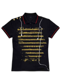 Dark music note polo tee with yellow staff lines and white notes, red trim