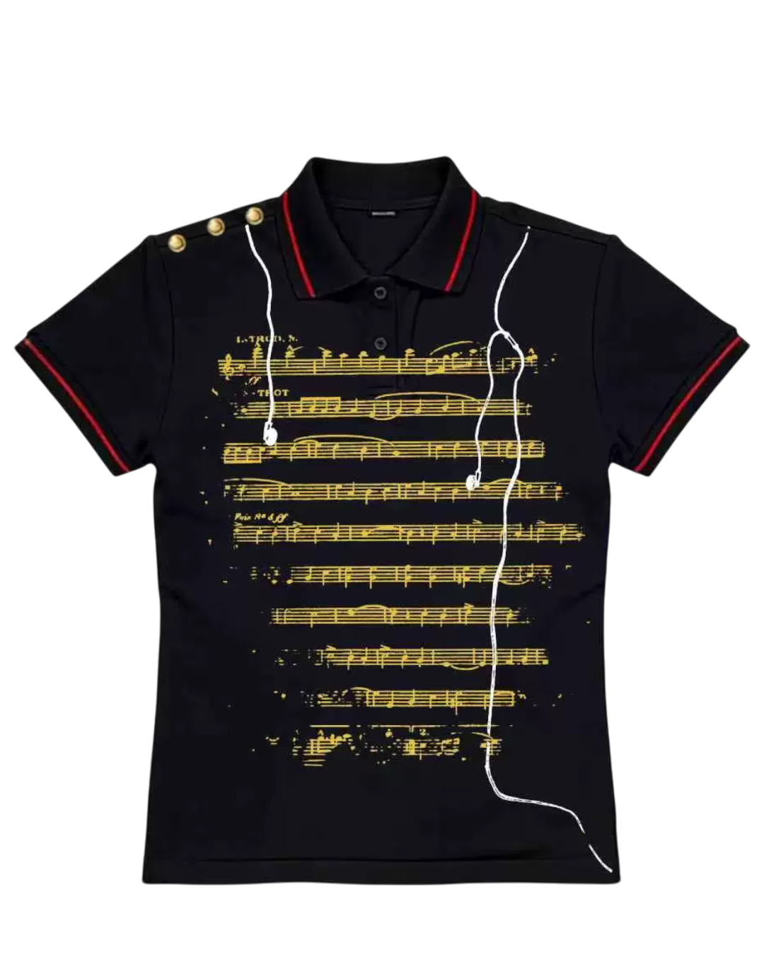 Dark music note polo tee with yellow staff lines and white notes, red trim