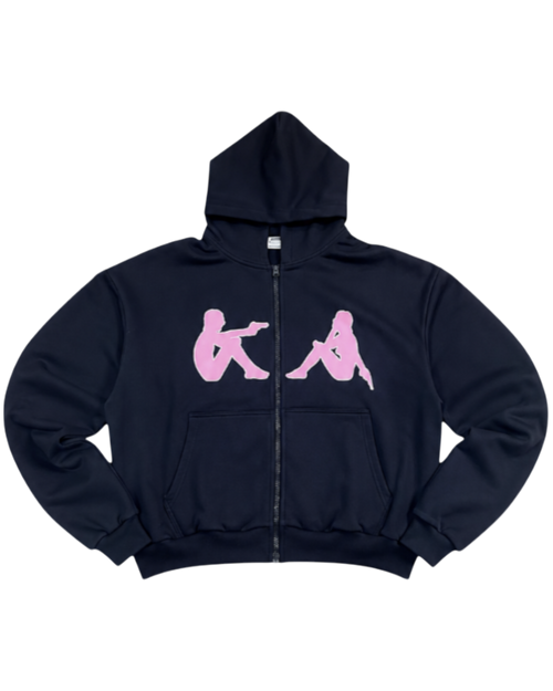 Dark navy zip hoodie with pink dancing figure prints and front pockets