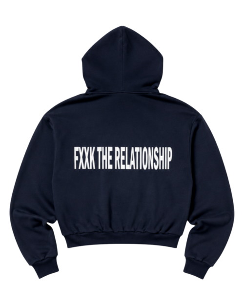 Dark navy zip hoodie with back white text logo and front kangaroo pocket