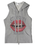 Gray sleeveless hoodie vest with full-zip front and large lips graphic