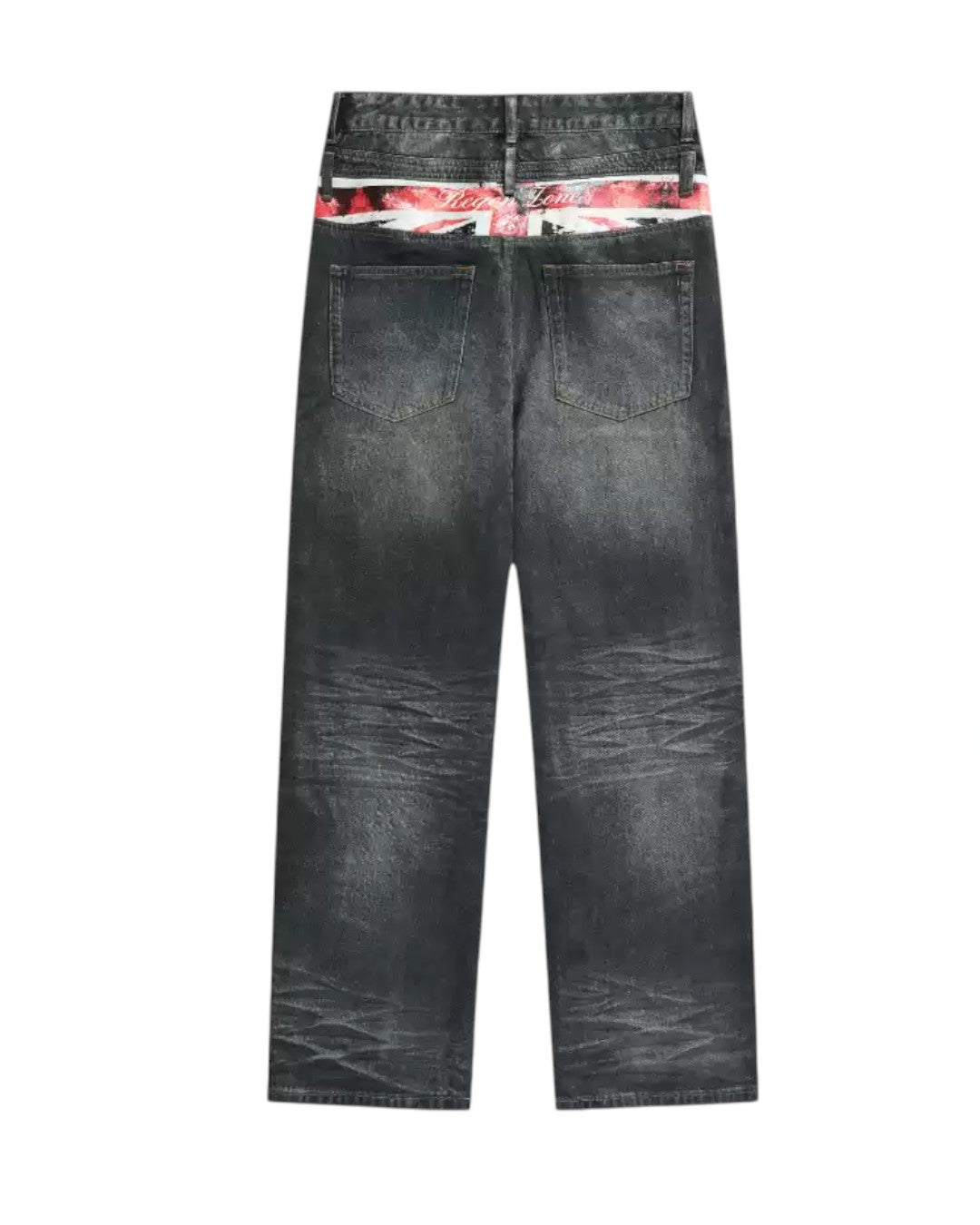 Black wide-leg jeans with faded front wash and red patch at waistband